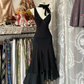 Black halter-neck, fitted waist, asymmetrical hem ball gown R6378