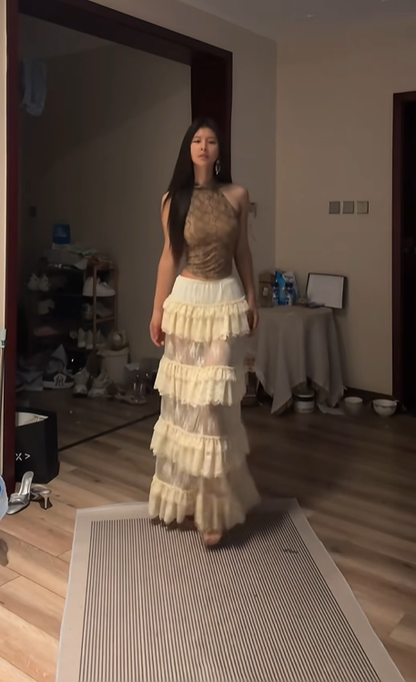 Brown top, sexy tiered skirt, long ball gown R8087