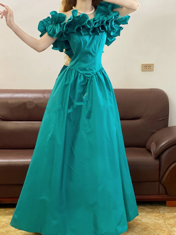 Peacock Blue Off-the-Shoulder Waist-Cinched Fitted Ball Gown R7331