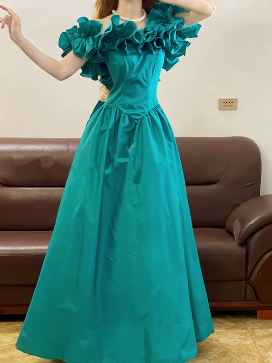 Peacock Blue Off-the-Shoulder Waist-Cinched Fitted Ball Gown R7331