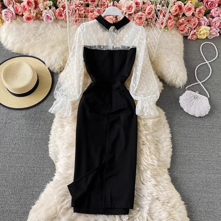 Summer New Tulle Sheath Dress Black Long Sleeves Elegant Dress     S4942