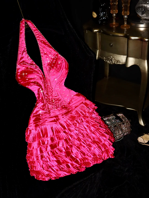 Rose pink halter-neck cinched waist short ball gown R6977