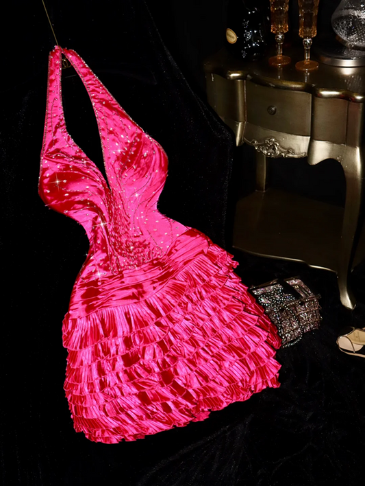 Rose pink halter-neck cinched waist short ball gown R6977