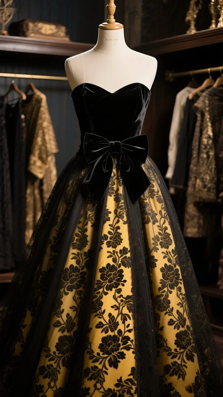 Black strapless slim waist floral skirt long ball gown R6077