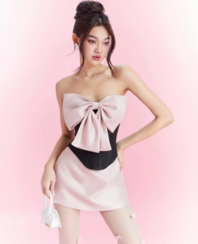 Black top pink bow A-line short skirt dress suit homecoming dress R4885