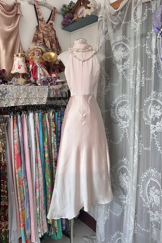 Light pink sleeveless satin waist slim maxi ball gown R6138