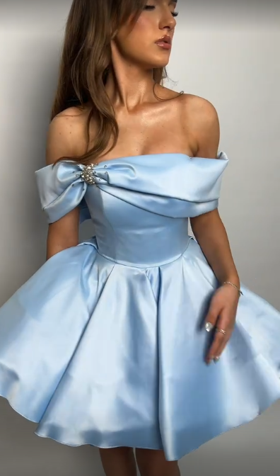 Sky Blue Off‑Shoulder Fit‑and‑Flare Princess Mini Homecoming Dress R5448