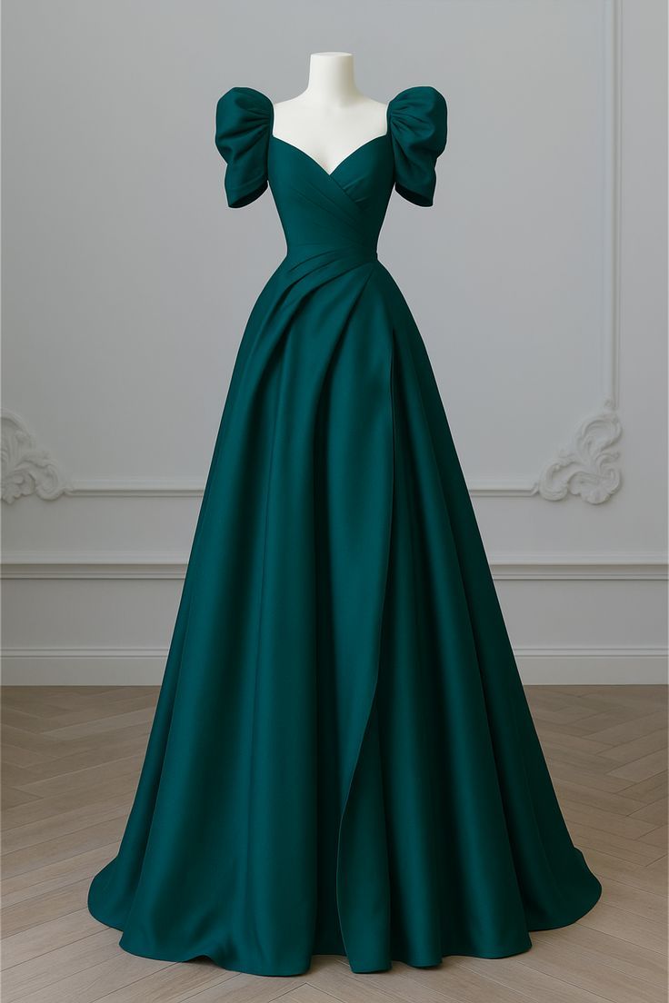 Dark green puff sleeves, slim waist and elegant dress, prom dress R5388