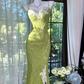 Light green lace halter-neck fitted bodycon long ball gown R6538
