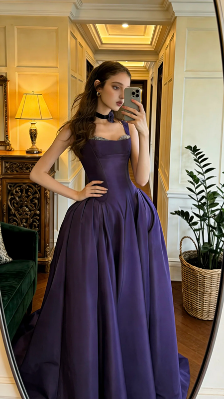 Purple halter-neck fitted long ball gown R8621