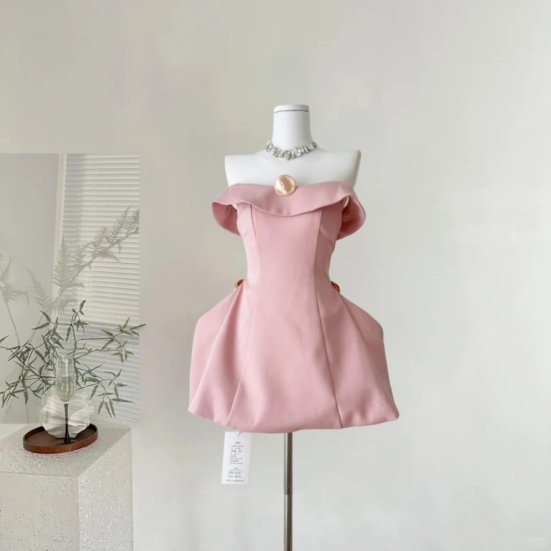 Pink one-shoulder slim waist slimming princess dress homecoming dress R4356