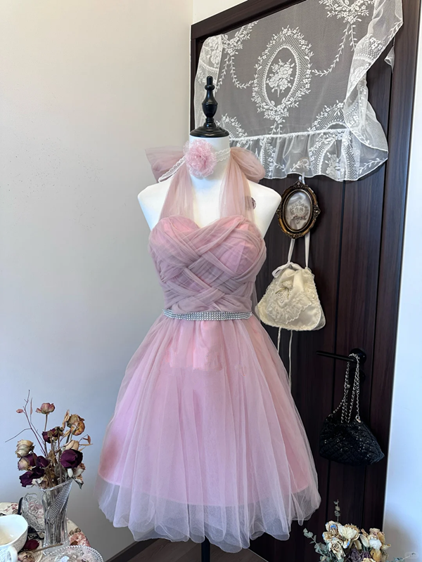 Light purple halter neck elegant temperament waist slim fit tulle skirt short skirt homecoming dress R4276