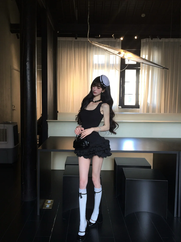 Black suspender waist slim top cake mini skirt suit homecoming dress R5084