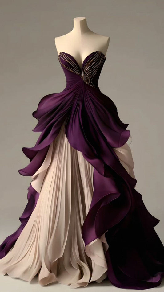 Purple strapless waist pleated elegant long dress, prom dress R5301