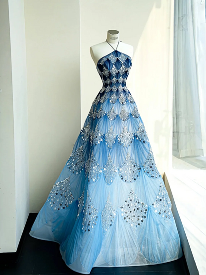 Blue sequined halter neck gradient waist slim A-line long skirt, prom dress R5663