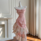 Pink suspender waist slim hip lace skirt mid-length skirt homecoming dress R5007
