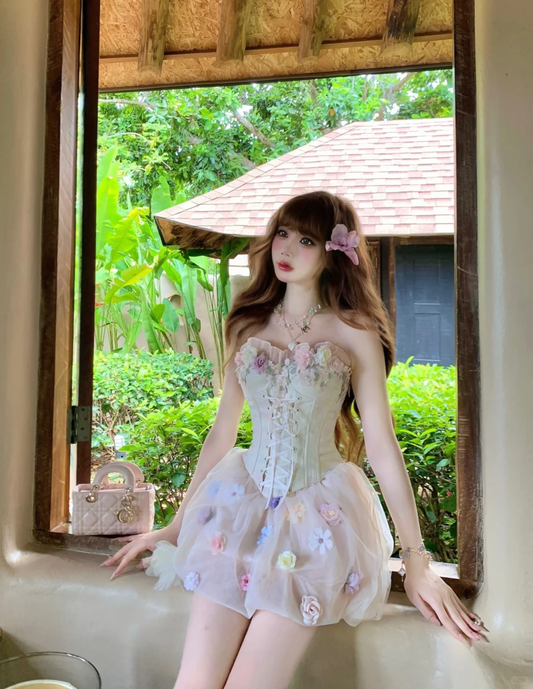 White tube top pink three-dimensional flower fishbone waist slim fit puffy tulle skirt homecoming dress R4234