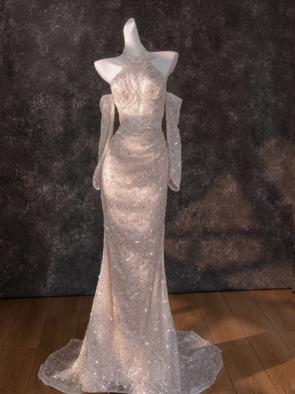 Pink Sequined Halter Neck Sleeveless Waist Slim Maxi Bridal Dress R5784