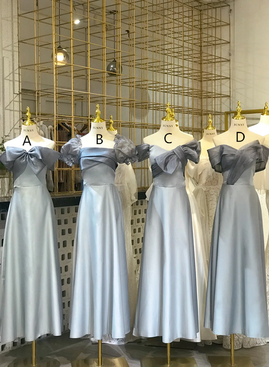 Light blue waist-cinched, slim-fit, figure-flattering satin ball gown, bridesmaid dress R5939