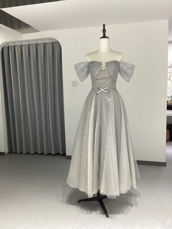 Gray slim waist A-line ball gown, bridesmaid dress R5979