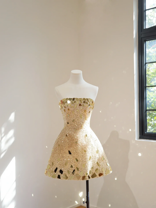 Gold strapless A-line short prom dress R8463