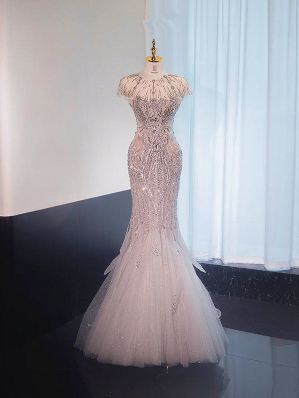 Silver round neck, fitted waist, bodycon long ball gown, bridal dress R8984