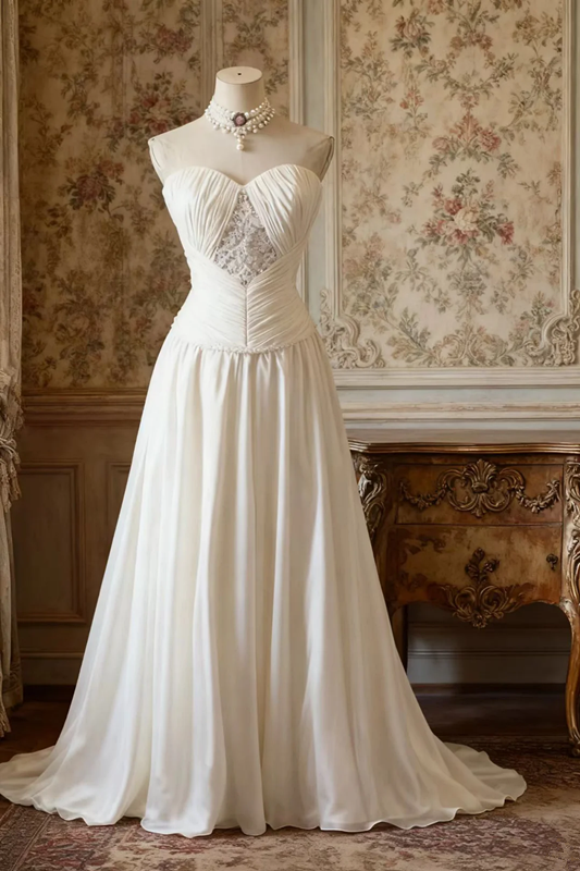White strapless, fitted, long ball gown with pleats R6698