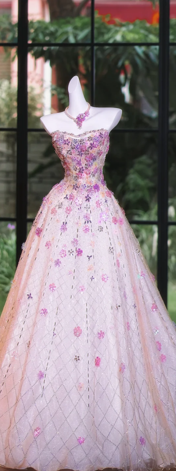 Pink Strapless Floral Waist A-Line Maxi Bridal Dress R5705