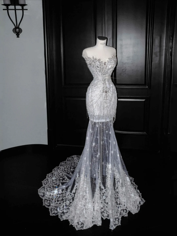 Silver sequined waist slim hip sexy skirt, prom dress R5627