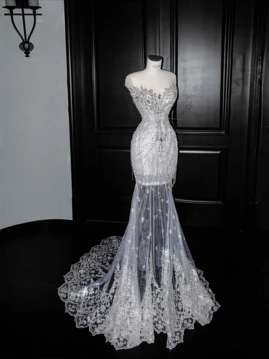 Silver sequined waist slim hip sexy skirt, prom dress R5627