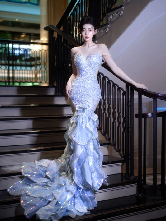 Light Blue Sequin Strapless Waist-Cinched Fitted Mermaid Floor-Length Dreamy Prom Dress R7097