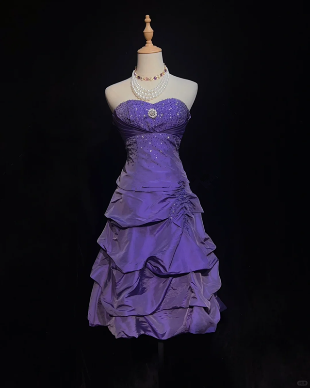 Purple tube top waisted top with flower bud skirt short skirt suit homecoming dress R4966