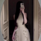 French style white sleeveless halter dress with gentle temperament, ruffled waist and slimming A-line long skirt R0433