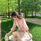 Pink chiffon printed dress for women summer new beautiful slit waist niche long skirt R4263