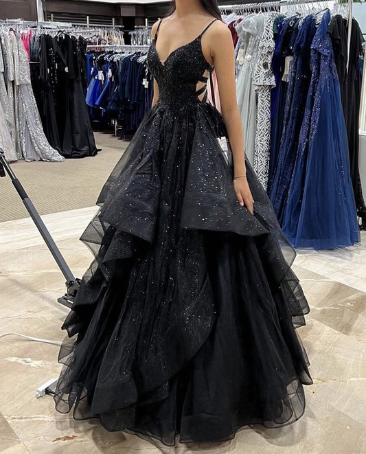 Glitter Puffy Sequins Women's Prom Gown Black Waist Fitted Maxi Evening Dress Birthday Dress — Fall Outfit 2026 New  RS3437
