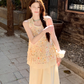 Gentle and pure daisy embroidered fake two-piece vest top with skirt suit R1745