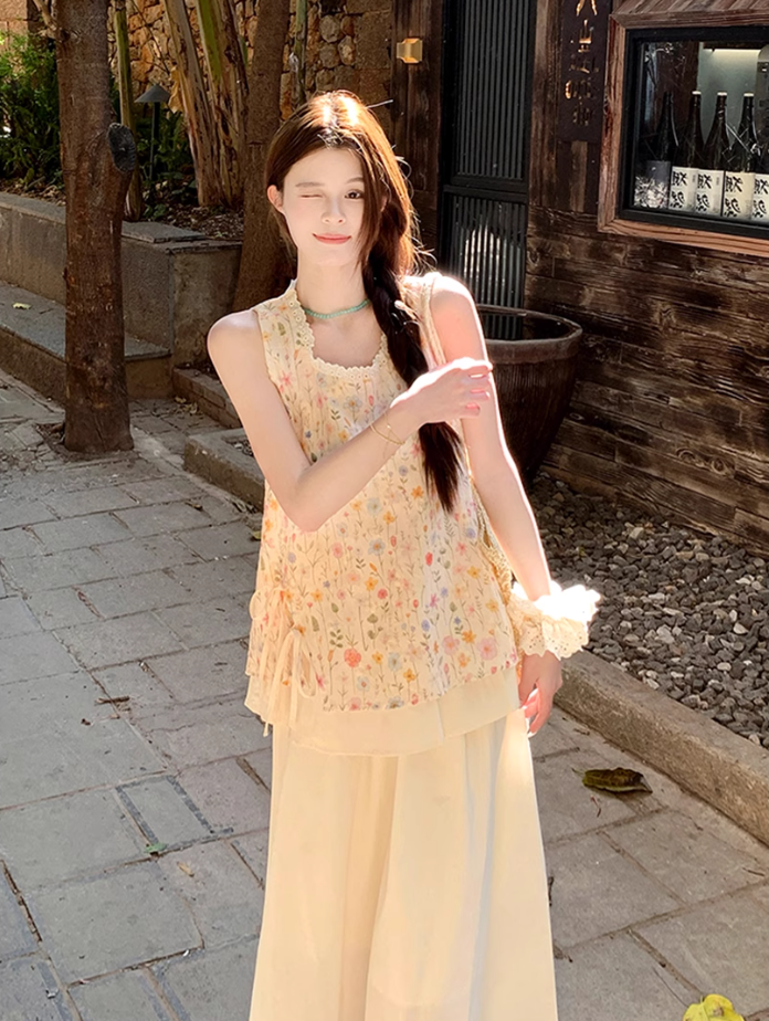Gentle and pure daisy embroidered fake two-piece vest top with skirt suit R1745
