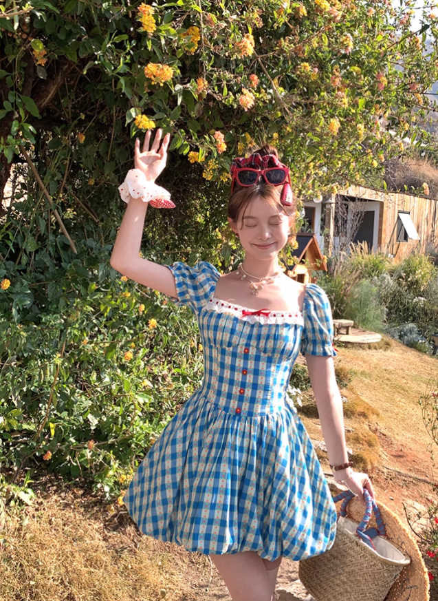 Square collar plaid waist short sleeve dress women's summer French style skirt R4826