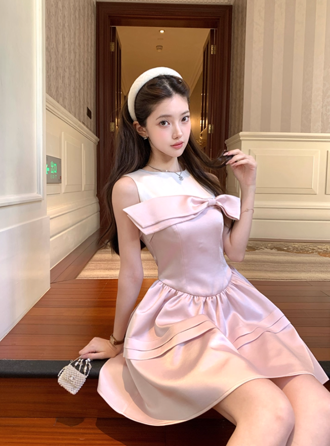 Pink waist satin sleeveless suspender dress women's summer French style skirt R4660