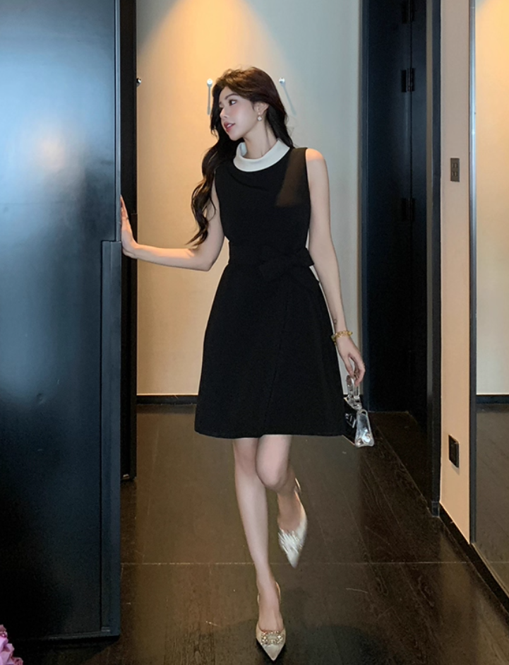 French black sweet bow sleeveless Chanel style dress R4069