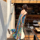 Fairy ethnic style holiday travel wear floral suspender long skirt loose oil painting dress R1750