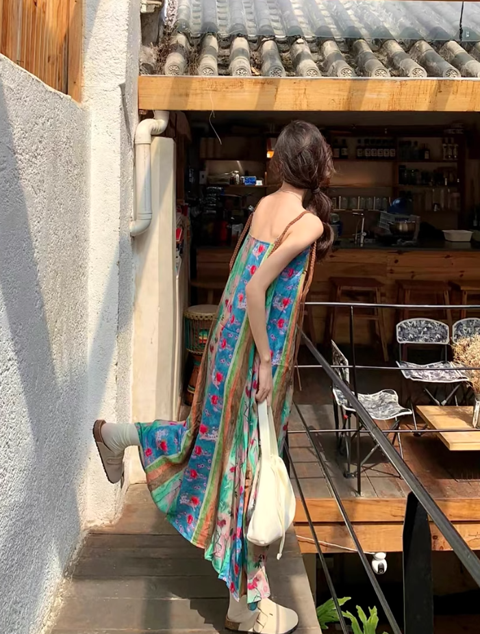 Fairy ethnic style holiday travel wear floral suspender long skirt loose oil painting dress R1750