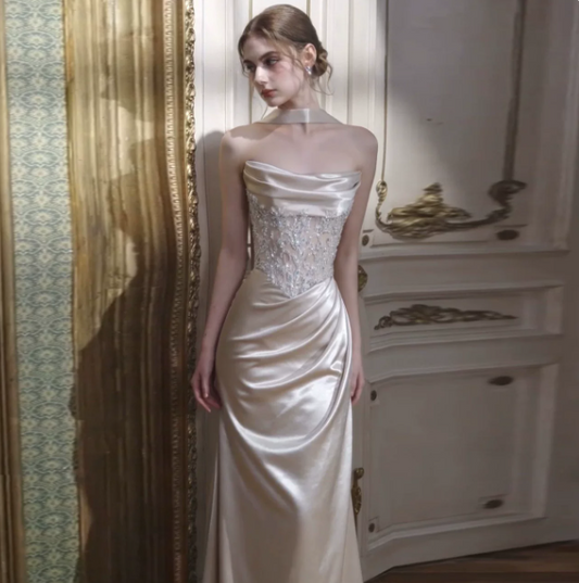 Silky Satin Embroidered Corset Prom Gown , Ivory Women's Maxi Evening Dress RS2389