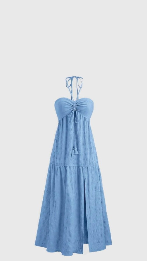 Minimalist Babay Blue Prom Gown , Halter Flowy Loose Maxi Summer Dress for Women RS1550