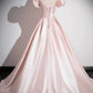 Pink Satin Short Sleeves A-line Long Party Dress, Pink Satin Prom Dress        S7171