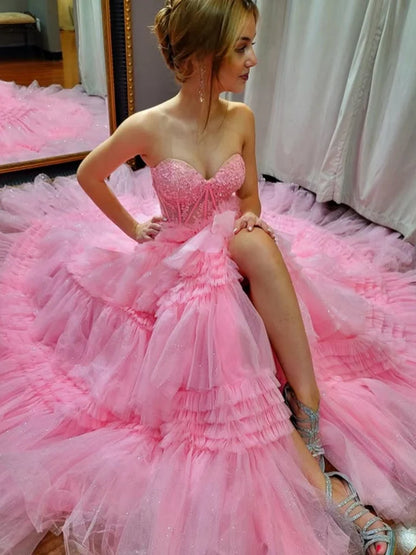 Gorgeous Sweetheart Neck Strapless High Slit Pink Lace Long Prom Dresses, Pink Lace Formal Dresses, Pink Evening Dresses    S7197