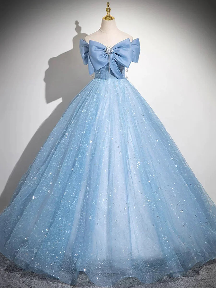 Light Blue Tulle Sequins Long Prom Dress, Lovely A-Line Evening Party Dress        S7193