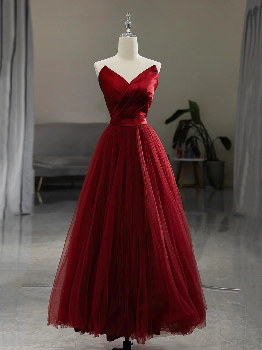 Burgundy V-Neck Satin Tulle Long Prom Dress, A-Line Strapless Evening Party Dress        S7192