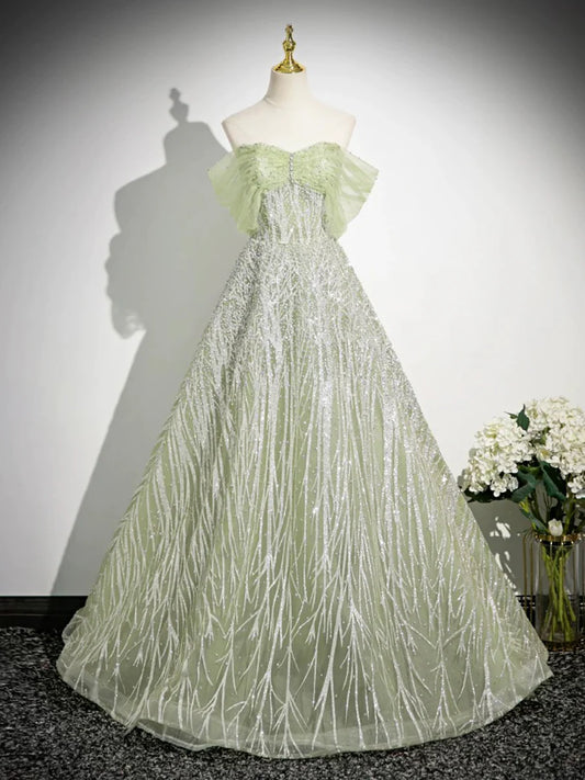 Green Tulle Sequins Long Prom Dress, Beautiful Off the Shoulder Party Dress         S7191