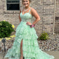 A Line Sweetheart Neck Layered Mint Green Lace Long Prom Dresses with High Slit, Mint Green Lace Formal Graduation Evening Dresses     S7200